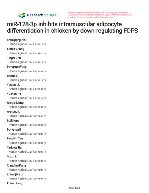 Pdf Mir 128 3p Inhibits Intramuscular Adipocyte Differentiation In