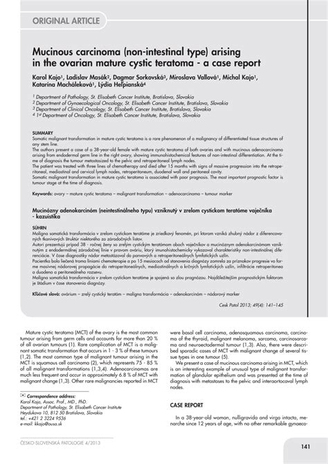 Pdf Mucinous Carcinoma Non Intestinal Type Arising In The Ovarian