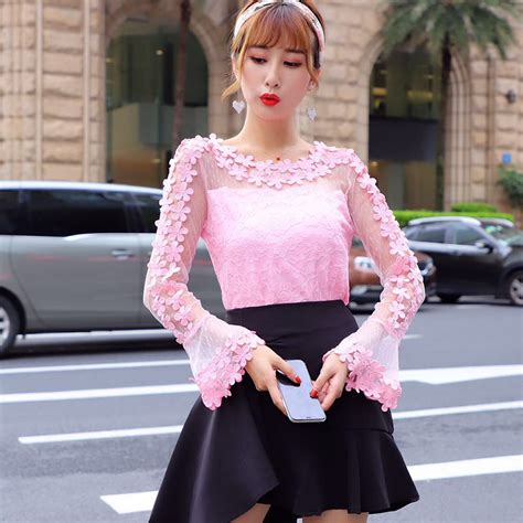 Women Hollow Out Mesh Blouse Blusas Spring Summer Dot Floral Lace