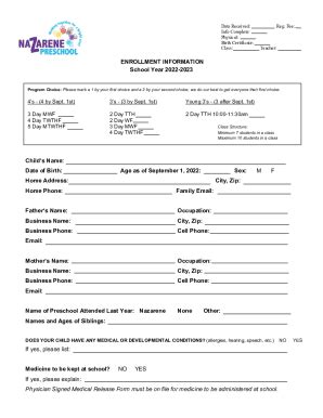 Fillable Online 2022 23 Preschool Enrollment Form Docx Fax Email Print