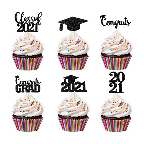 Buy Graduation Cupcake Toppers Black Glitter Congrats Grad