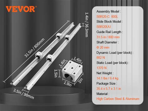 VEVOR Rail de Guidage Linéaire SBR20 800 mm 2PCS Rails Linéaires 800 mm