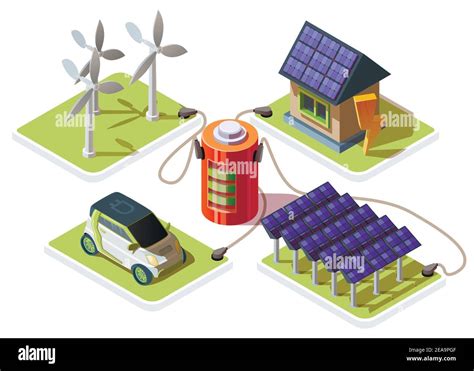 Isometric D Electric Car And Smart House Is Connected To Battery That