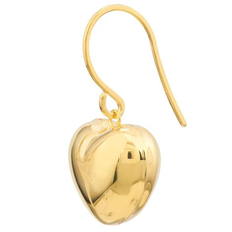 14k Yellow Gold Puffed Heart Dangle Earrings With Sheperd Hooks Y41