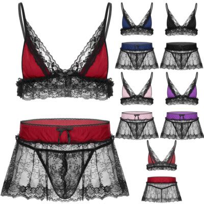 Men S Sissy Lace Bra Top Mini Skirt Thong Lingerie Set Crossdressing Nightwear EBay