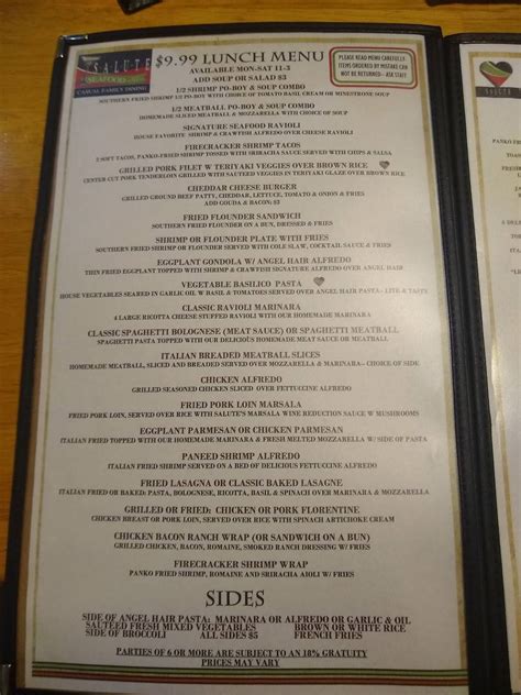 Menu At Salute Italian Restaurant Gulfport