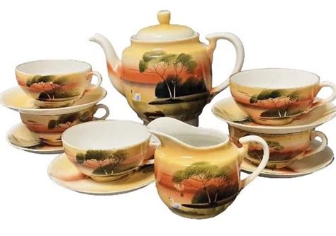 Vintage Nippon Porcelain Tea Set Hand Painted Swans Trees Japan S