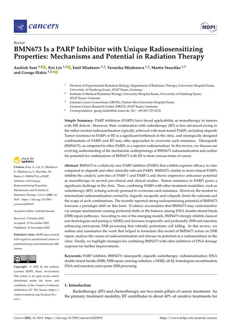 Pdf Bmn673 Is A Parp Inhibitor With Unique Radiosensitizing