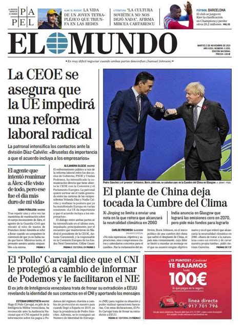 Cover Of EL MUNDO For Tuesday November 2 2021 Teller Report