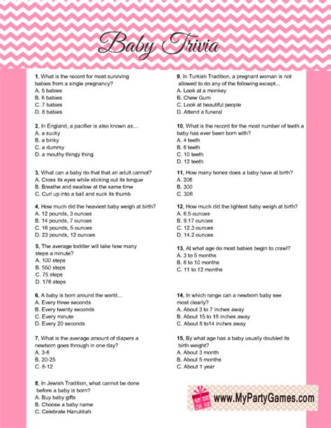 Free Printable Baby Trivia Game for Baby Shower Party