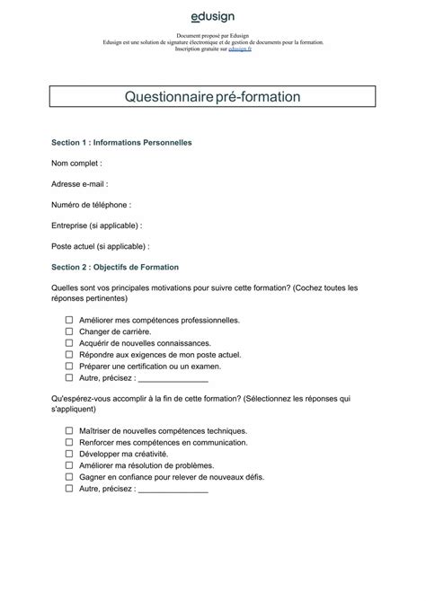 Modèle de questionnaire Motivation pour une formation Edusign