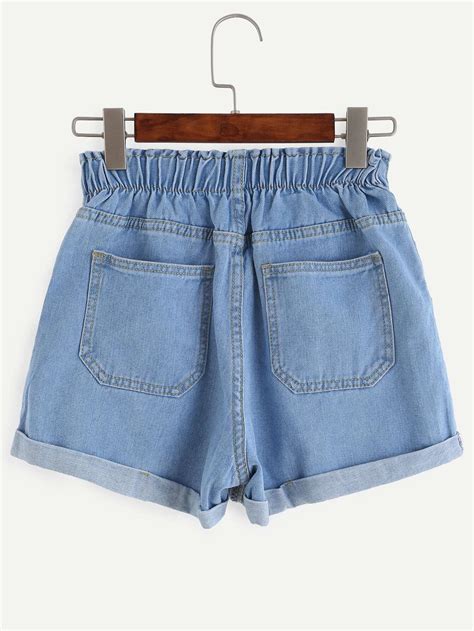 Elastic Waist Roll Hem Denim Shorts Shein Sheinside