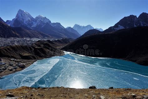 View Of A Half Frozen Gokyo Lake From Gokyo Ri Stock Image Image Of