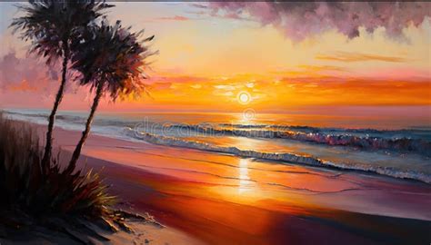 A Painting of a Sunset on a Beach with a Palm Tree. Stock Illustration ...