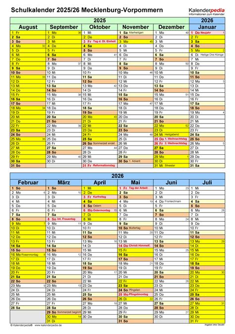 Schulkalender 2025 2026 Mecklenburg Vorpommern für Word