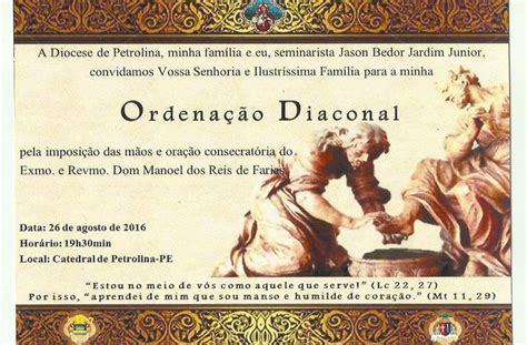 Igreja Católica de Rajada Convite de ordenação Diaconal de Júnior Bedor