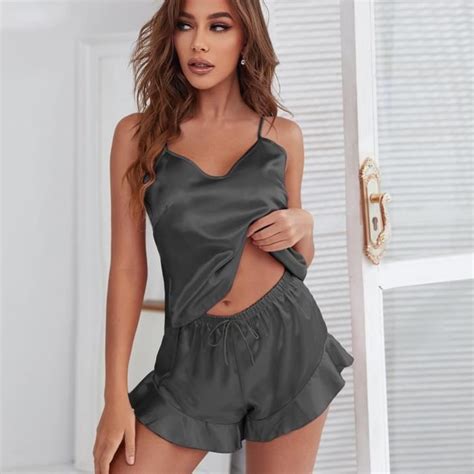 Pyjamas Femmes En Satin De Soie Volants Fr Rb Noir Vert