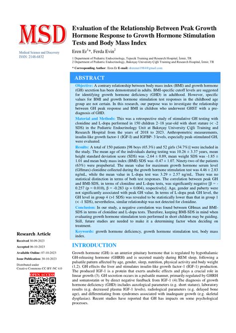 Pdf Evaluation Of The Relationship Between Peak Growth Hormone