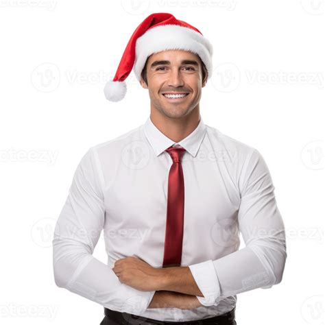 Handsome Business Man In White Shirt And Santa Cap Isolated 30768027 Png