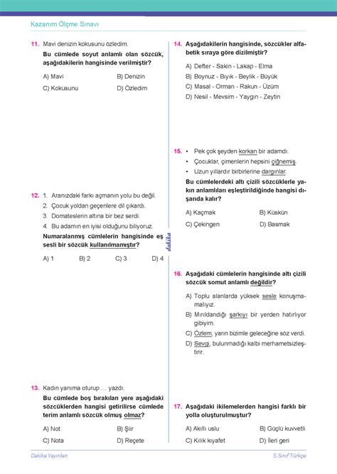 5 SINIF 20 DAKİKADA TÜRKÇE YAPRAK TEST Dakika Yayınları