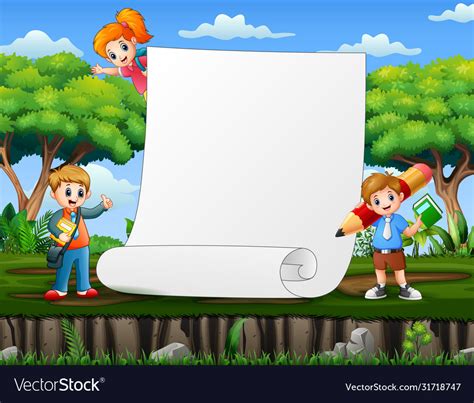 Paper Template With School Kids At Nature Vector Image