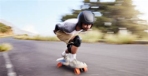 Skateboard Fast And Mountain With Man In Road For Speed Freedom And