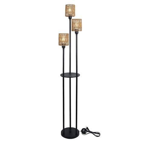 Amucolo 66.1 in. Black Brown 3-Lights Tree Floor Lamp with Shelves and Rattan Shade Yead-CYD0 ...