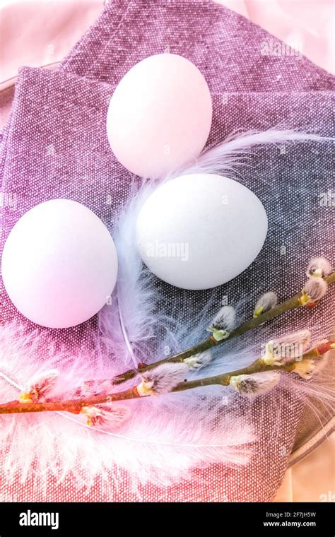 Natural Easter Eggs Feathers Pussy Willow Branches On Rustic Cloth On