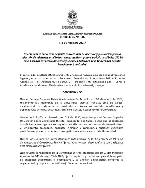 Resolución No 006 De 2021 Segunda Convocatoria Monitorias 2021 1