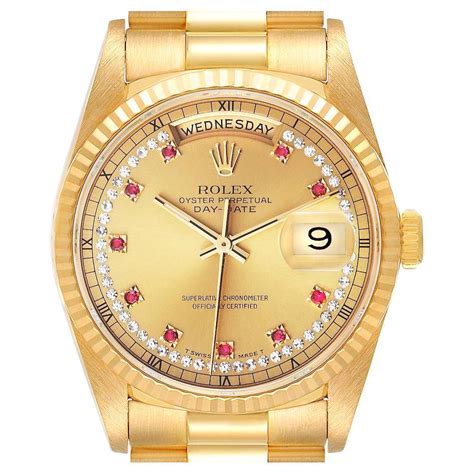 Rolex President Day Date Yellow Gold String Diamond Ruby Dial Watch