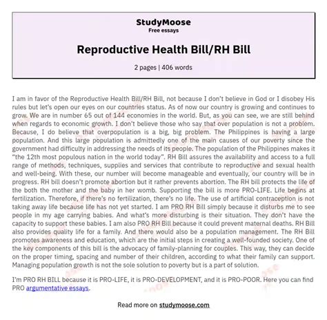 Reproductive Health Billrh Bill Free Essay Example