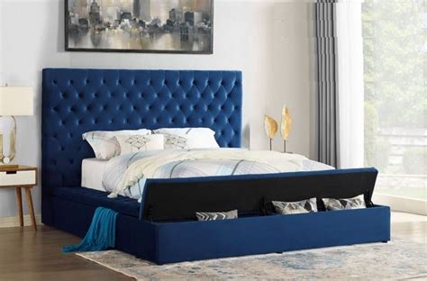 Yy Blu Blue Tufted Velvet Fabric Queen Bed Frame With Storage All