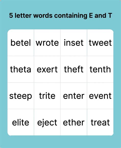 5 Letter Words Containing E And T Bingo Card Creator