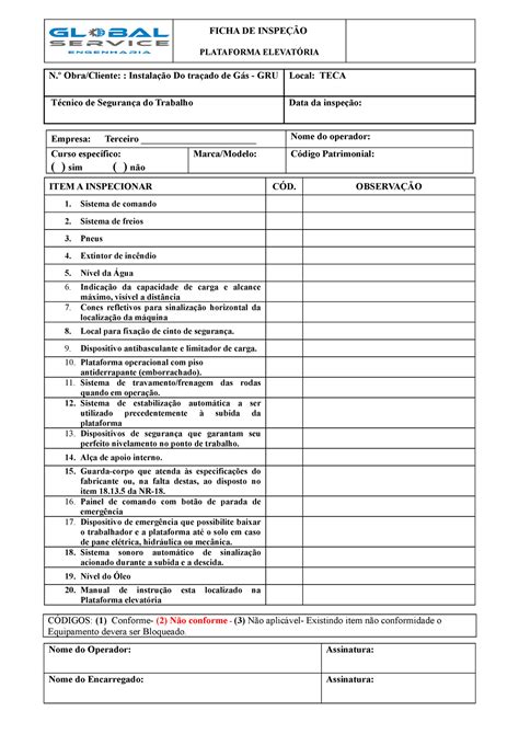 Check List Plataforma Elevat Ria Ficha De Inspe O Plataforma