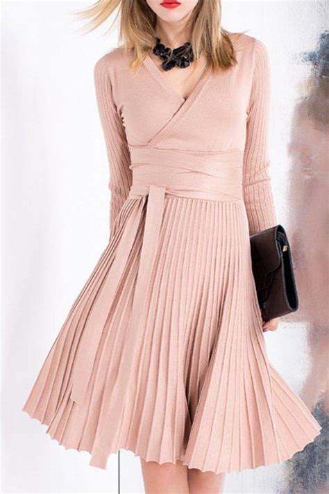 V Neck Long Sleeves Solid Color Knitted Pleated Dress In Pink Zaful 2023