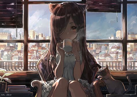 Brown Haired Female Anime Character Illustration Anime Nekomimi Cat