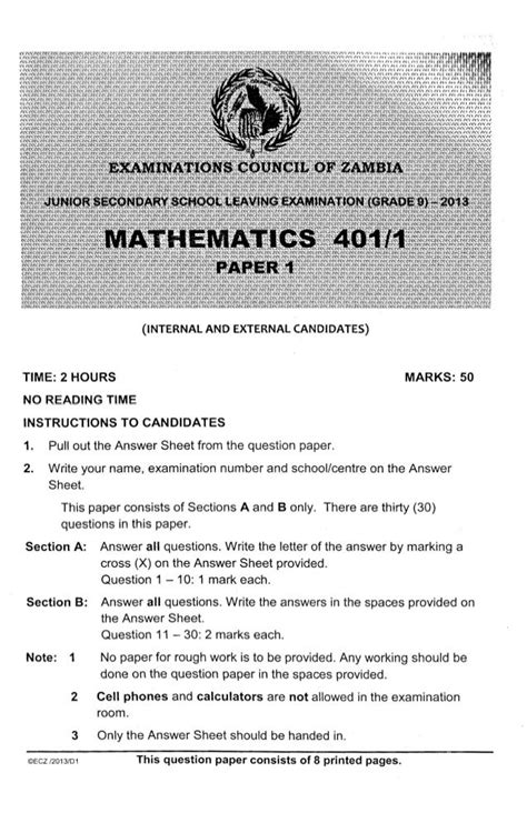 Ecz Grade 9 Maths Paper 1 2016 Past Paper