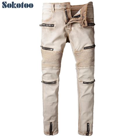 Sokotoo Men S Khaki Zippers Pleated Biker Jeans For Motorcycle Casual