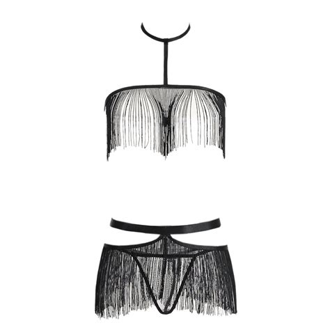 Jual B359 Bra Set Seksi Bikini Bralette Halter Hitam Rumbai Shopee