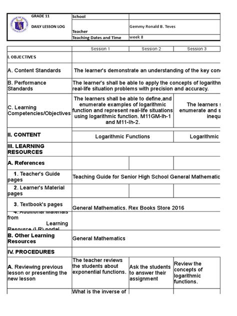 General Math Dll For Shs Week 08 Pdf Logarithm Function Mathematics