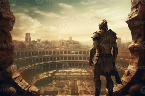 Armoured Roman Spqr Gladiator Overlooking The Amphitheater Of Ancient