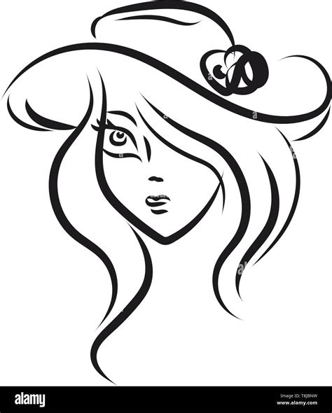 A black and white sketch of a girl wearing a hat, vector, color drawing ...