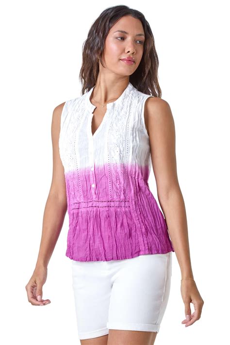 Tops Ombre Embroidered V Neck Cotton Crinkle Blouse Roman