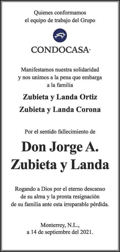 Señor Jorge Adrián Zubieta y Landa Obituario Esquela