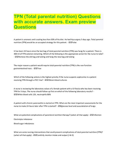 Tpn Total Parental Nutrition Questions With Accurate Answers Exam