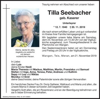 Traueranzeigen Von Tilla Seebacher Trauer Bz