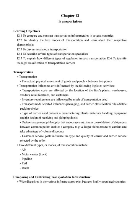 Chapter 12 Chapter 12 Chapter 12 Transportation Learning Objectives 12 To Compare And