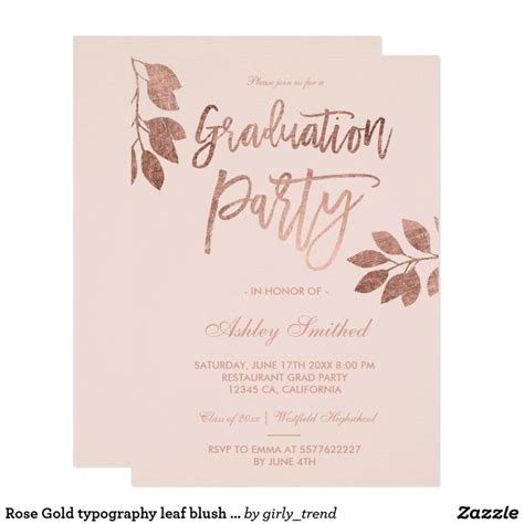 Rose Gold Typography Leaf Blush Graduation Party Invitation Zazzle Graduation Party