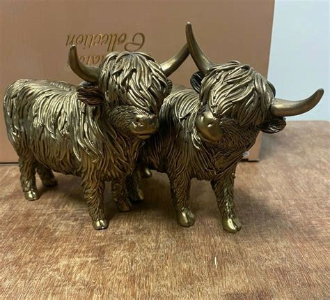 Reflections Twin Bronze Colour Highland Cow Statue Ornament Figurine By