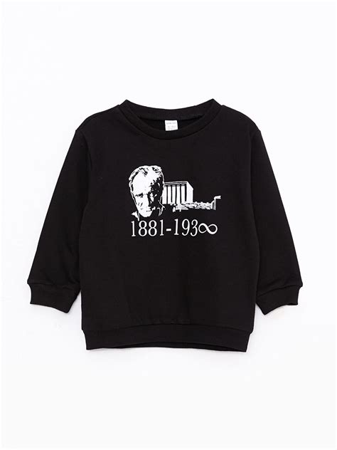 SİYAH Bisiklet Yaka Uzun Kollu Atatürk Baskılı Erkek Bebek Sweatshirt